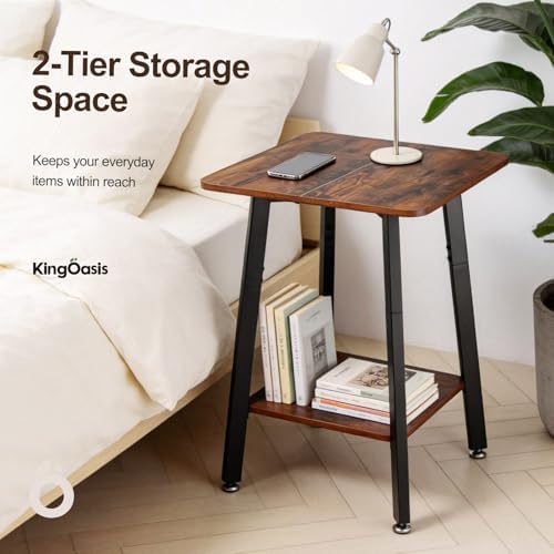 King Oasis Small End Table, Square Side Table with 2-Tier Open Storage Shelf, Wood and Metal Nightstand for Living Room, Bedroom or Small Space, Rustic Brow - Image 3