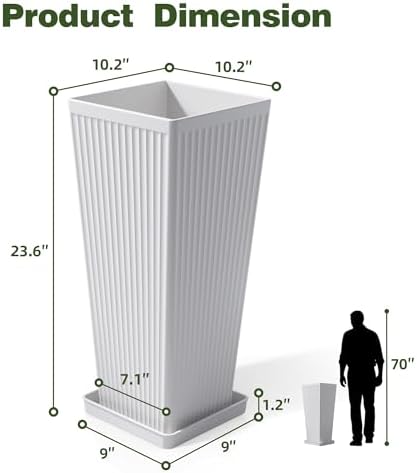 Square Tall Planters for Outdoor Plants with Tray - 24" White 2Pack - Image 2