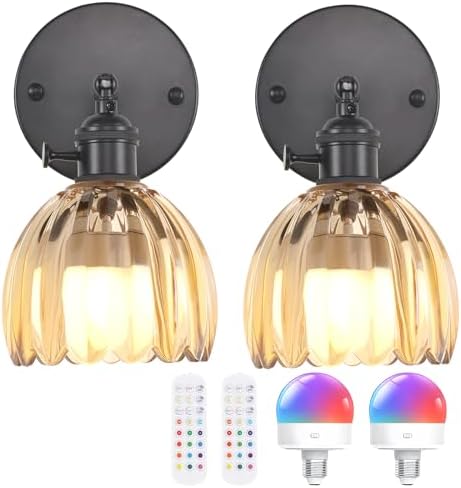 Shenmoyl Vintage Battery Operated Wall Sconce with Amber Tulip Glass Lampshade Rechargeable Battery Powered Black Wall Light with Remote Control for Bedside Bedroom Doorway, Set of 2 by Shenmoyl