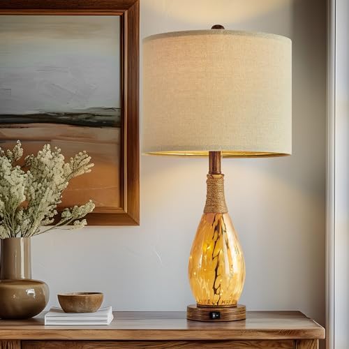 OYEARS 23" USB A+C Table Lamp for Bedroom Living Room Modern Bedside Lamps Retro Farmhouse Rattan Glass Nightstand Nightlight Lamps (Amber),Two Light Points - Image 5