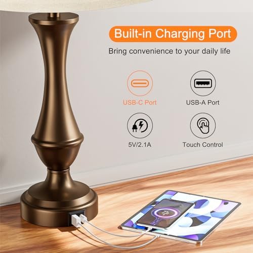 Touch Lamps for Nightstand, 3 Way Dimmable Lamps for Bedroom with USB C+A - Image 4