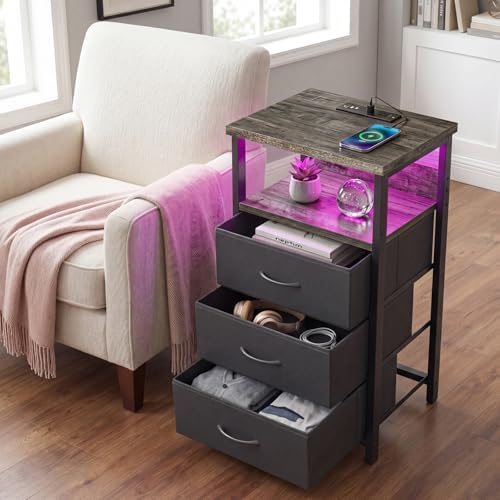 Fixwal Night Stand with 3 Fabric Drawers, Nightstand with Charging Station - Image 6