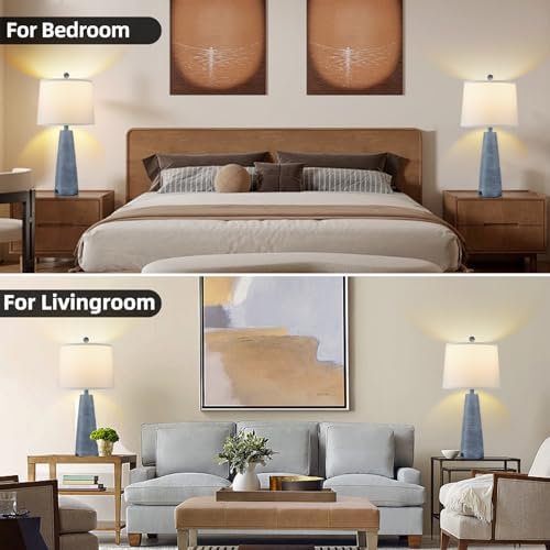 Terpsichore Nightstand Lamp Bedside Lamps Set of 2 Vintage Rustic Farmhouse Table Lamp 3 Way Dimmable Horizontal Stripe Light,Suitable for Living Room Bedroom,with Linen Shade LED Bulb,USB A+C Port - Image 4