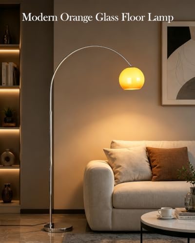 Arc Floor Lamp for Living Room, Orange Glass Shade Standing Lamp, Adjustable Height & Reach Arched Floor Lamp, Iron Tall Lamp with 3 Color Temperature Bulb, Foot Switch for Bedroom Office - Image 2