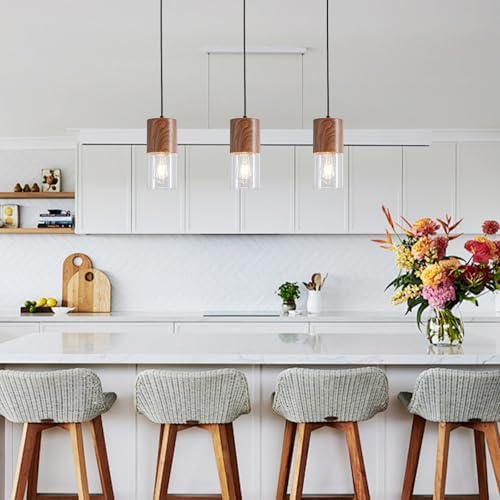 2-Pack Modern Pendant Lights for Kitchen Island, Adjustable Pendant Light Fixtures with Brown Wood Grain, Industrial Clear Glass Pendant Lights for Dining Table Hallway Bedroom Living Room - Image 6