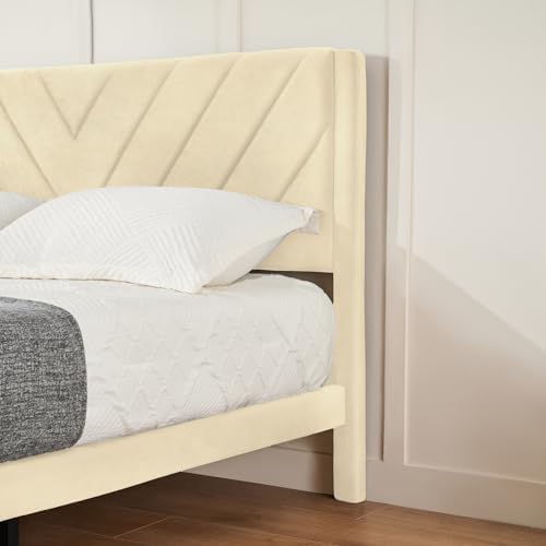 Full Size Platform Bed Frame with Velvet Headboard, Wing Edge, Sturdy Wooden Slats, Noise-Free, No Box Spring Needed, Easy Assembly, Beige - Image 4