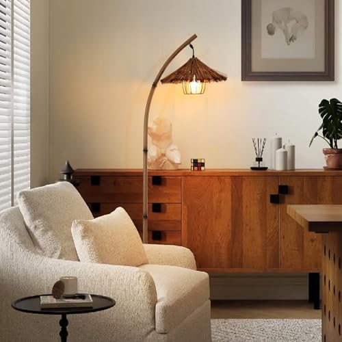 beaysyty Bamboo Floor lamp Mid Century Rattan Retro Floor lamp Bohemian,Arc Floor Lamps for Living Room Tall Reading Lamps Antique Rattan Style for Bedroom Dining Room Farmhouse Study (Brown) - Image 4