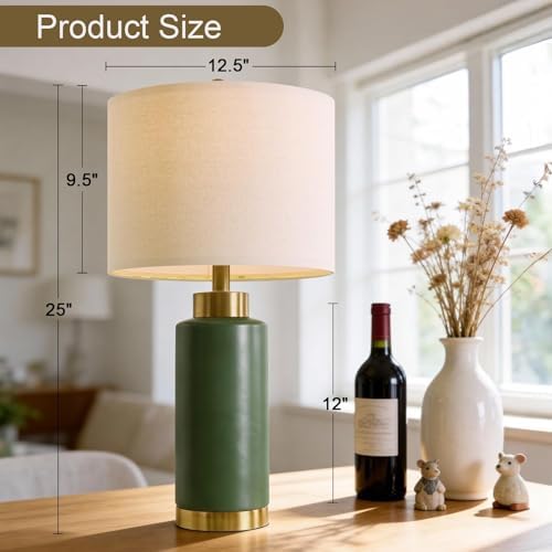 USumkky 25" Green Ceramic Table Lamp Set of 2, Modern Mid-Century Bedside Nightstand Lamps for Bedroom Living Room, Linen Shade & Gold Metal Base, Rotary Switch E26 (Bulbs Excluded) - Image 5