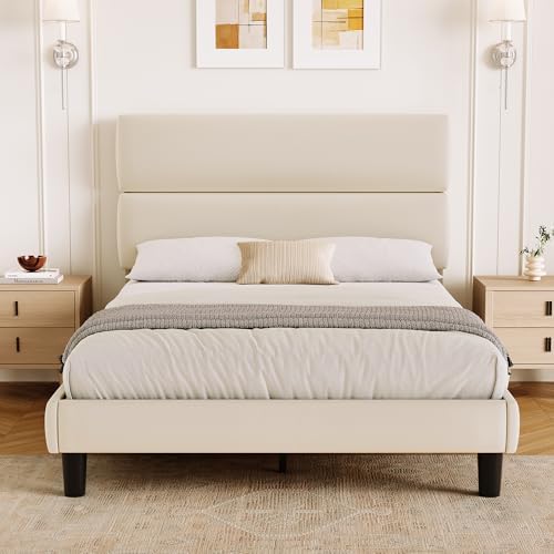 GRUSIGN Platform Bed Frame with Velvet Headboard, Adjustable Height Wooden Slats Support, Upholstered Mattress Foundation, Fits Mattress or Mattress with Box Spring, Easy Assembly, Beige, Full by GRUSIGN