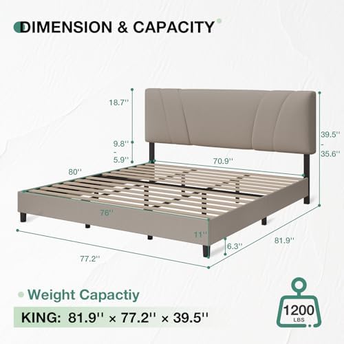 Novilla King Size Bed Frame with Adjustable Headboard Platform King Bed Frame Linen Fabric Upholstered Headboard, No Box Spring Needed, Noise-Free, Wooden Slats Support, Easy Assembly, Beige - Image 2