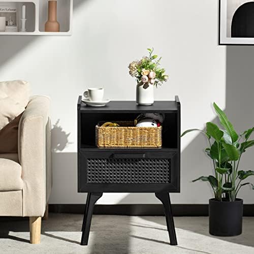 Lerliuo Rattan Nightstands Set of 2, Boho Side Table with Drawer Open Shelf - Image 5