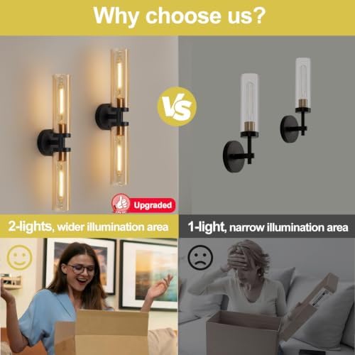 Indoi Wall Sconces Set of Two, Hardwired Black and Gold Bathroom Sconces Wall Lights with Amber Glass, Modern Sconces Wall Decor Set of 2 Vanity Light fixtures for Bathroom Mirror Living Room - Image 7