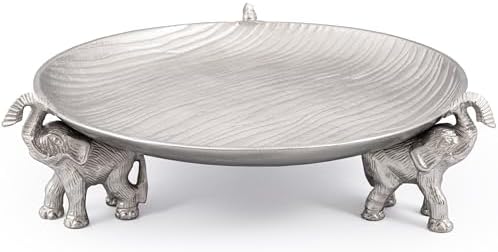 Silvery Tray with Elephant Stand - Round Decorative Aluminum Coffee Table - Image 2