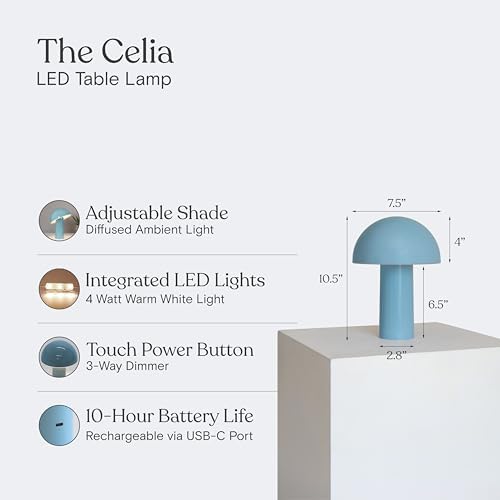 Brightech Celia Small Lamp – 10" Touch-Controlled Mushroom Table Lamp, Cordless & Dimmable LED, Portable & Rechargeable Bedside Night Light, Sustainable Recycled Modern Lamp for Home Décor, Light Blue - Image 4