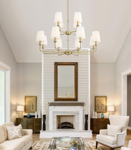 12-Light Brushed Gold Chandelier, E12 Bulb Compatible, White Fabric Shades, Adjustable Rod, Farmhouse & Industrial Style Ceiling Light for Living Room Dining Room Bedroom - Image 4