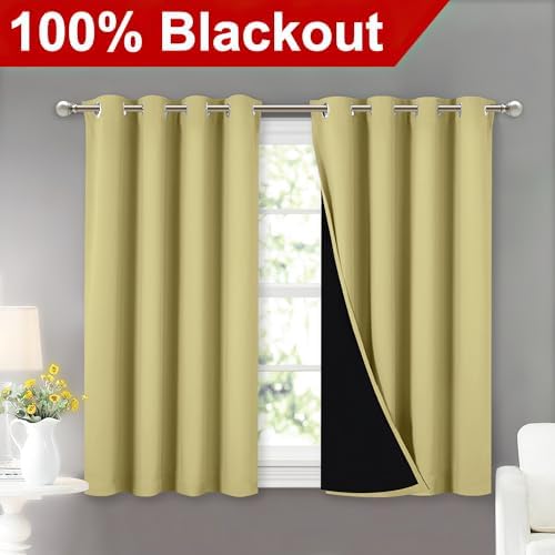NICETOWN 100% Blackout Curtains with Black Liners, Thermal Insulated Full Blackout 2-Layer Lined Curtains, Energy Efficiency Window Draperies for Dining Room (Paler Yellow, 2 Panels, 52" W by 45" L) - Image 2