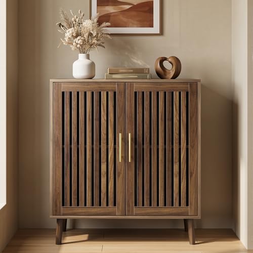 Smart FENDEE Sideboard Cabinet, 31.5" W Farmhouse Buffet Cabinet with Slatted Doors & Adjustable Shelf, Wood Coffee Bar Storage Station for Kitchen, Dining Room, Living Room, Entryway, Walnut Color by SmartFENDEE