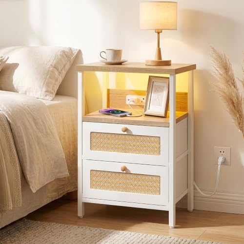 Fixwal Night Stand with Charging Station, Led Nightstand, 2 Fabric Drawers by Fixwal