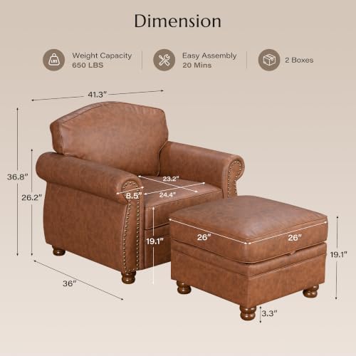 Traditional Faux Leather Chair with Storage Ottoman, 41.3", Caramel - Image 2