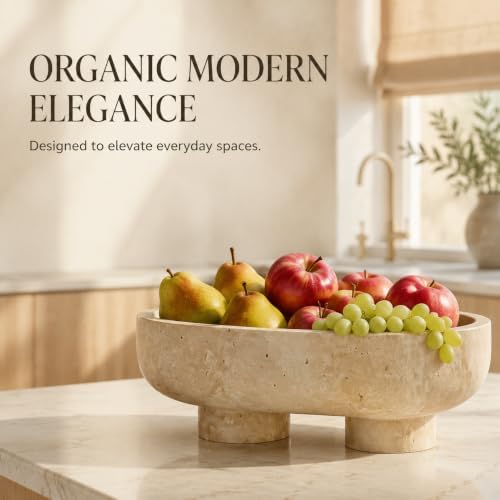 Travertine Oval Bowl with Base, 10 Inch Handmade Natural Stone Decorative Bowl for Home Decor, Modern Key Bowl for Entryway Table, Fruit Candy Dish & Candle Holder for Kitchen Countertop - Image 6