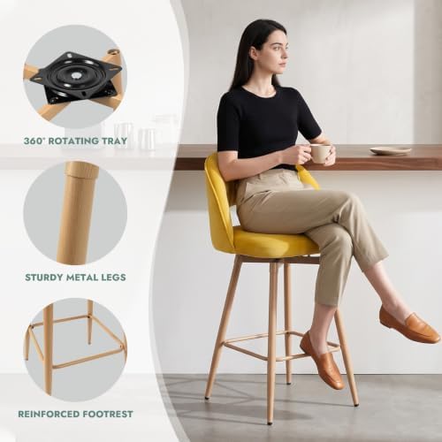 Swivel Bar Stools Set of 3, Counter Height Barstools for Kitchen Island, 26" Seat Height Bar Chairs for Dining Room, Velvet Upholstered Bar Stool with Back and Footrest, Yellow - Image 3