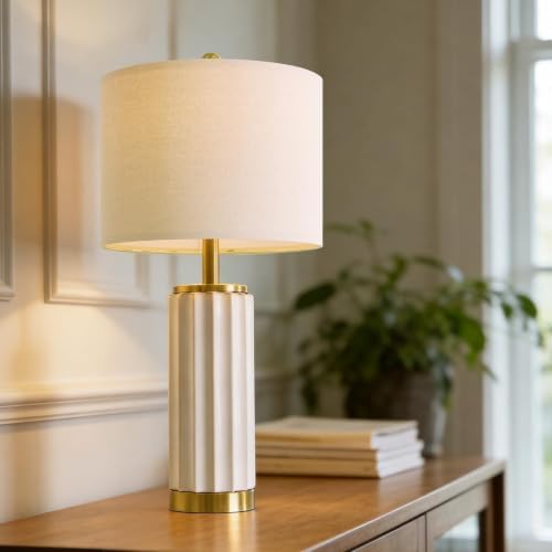 USumkky 25.75" Off-White Ceramic Table Lamp Set of 2, Mid Century Modern Bedside Nightstand Lamps for Bedroom Living Room, Linen Shade & Gold Metal Base, Rotary Switch E26 (Bulbs Excluded) - Image 4