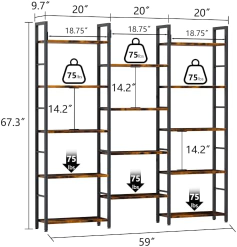 Shintenchi Triple 5 Tier Bookshelf, Industrial Large Bookcase with 14 Open Display Shelves, Large Etagere Bookshelf,Wide Book Shelf Book Case for Home & Office, Brown - Image 3