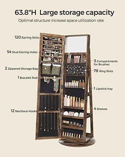 SONGMICS 360° Swivel Jewelry Cabinet, Full-Length Mirror, Lockable - Image 4