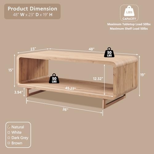 IFGET 48" Modern Coffee Table, 2-Tier Curved Center Table, Natural Oak - Image 2