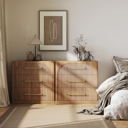 BELLEZE Set of 2 Fluted Modular Sideboard Cabinet, Classic Modern Buffet Cabinet with 3 Drawers, 65'' Accent Credenza Cabinet for Living Room Kitchen Entryway (Camel) - Image 5