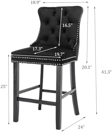 SoarFlash Modern Velvet Upholstered Bar Stools Set of 2 with Wood Legs, Button Tufted,Chrome Nailhead, Counterstool Seat, Armless Bar Chairs (Black) - Image 2