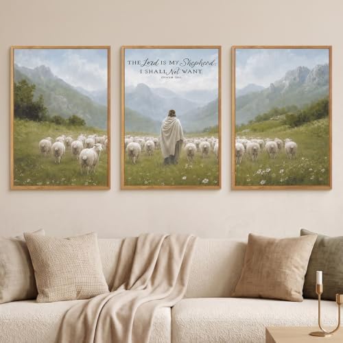 LHIUEM Large Christian Bible Verse Framed Canvas Wall Art,Jesus with Lamb Wall Decor,Vintage Religious Art Prints,Faith Scripture Landscape Artwork for Living Room,Prayer Room,Church -16"x24"x3 - Image 2