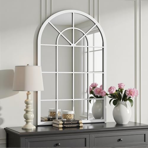 Dewfig Arched Wall Mirror, 42"x30" Metal Frame Windowpane Mirror, White - Image 2