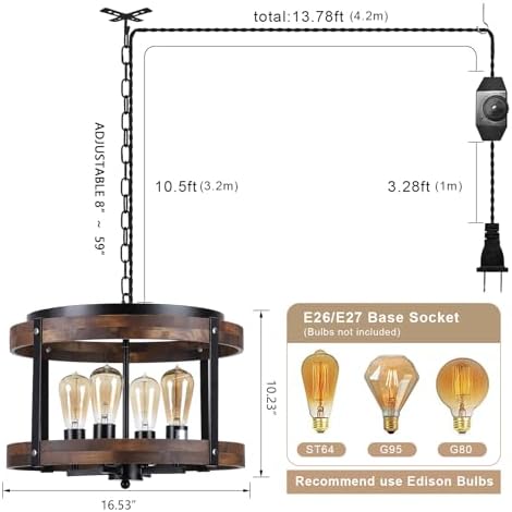 4-Light Large Rustic Farmhouse Plug in Pendant Light Fixture with Adjustable Chain, Dimmable Switch, 16.5 inch Oak Wood Drum Hanging Lamp for Dining Room Living Room Farmhouse Entry, Black - Image 4