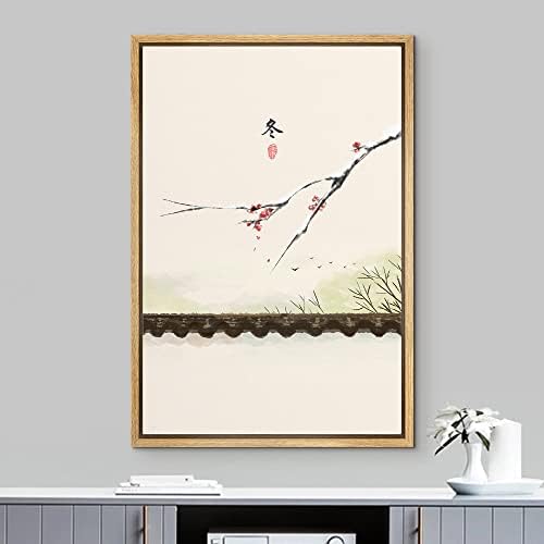 NWT Framed Canvas Print Wall Art Watercolor Chinese Style Cherry Blossoms & Birds Nature Wilderness Illustrations Modern Art Rustic Colorful Pastel for Living Room, Bedroom, Office - 16"x24" Natural - Image 2