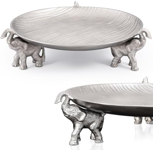 Silvery Tray with Elephant Stand - Round Decorative Aluminum Coffee Table by Juuvana