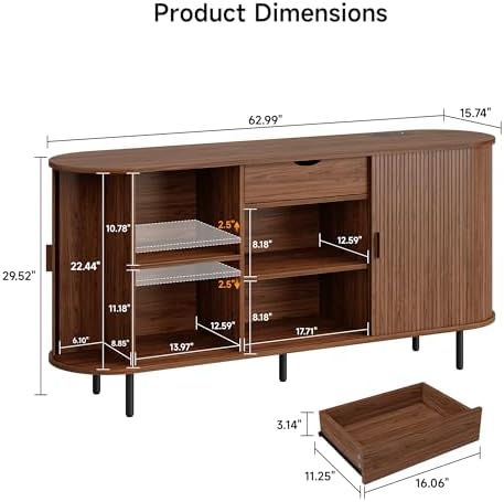 ONBRILL 63" Sideboard Buffet Cabinet with Storage Drawer & Shelves,Walnut - Image 2