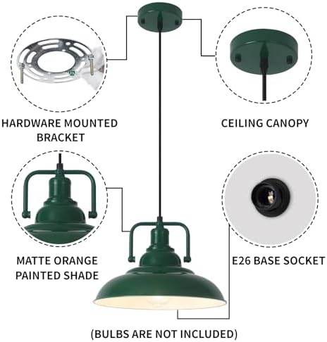 Farmhouse Pendant Light, 12.5inch, 2 Packs Green Kitchen Pendant Lights, Modern Pendant Lights, Pendant Lights Kitchen Island, Pendant Light for Bedroom, Office, Kichen Sink, Library - Image 7