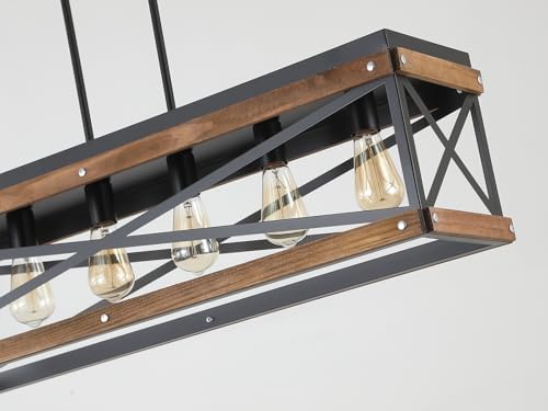 Rustic Farmhouse Wood Kitchen Island Lighting, 6 Lights Rectangular Pendant Light Fixture, Adjustable Chain Oak Wood and Metal Linear Chandelier for Dining Room Kitchen Island Farmhouse, Black - Image 5