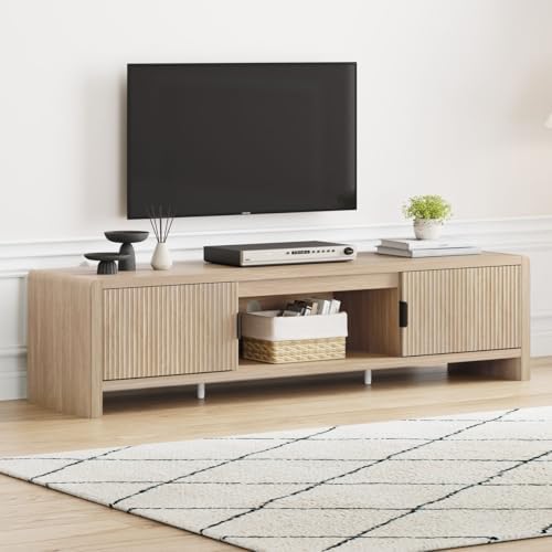 FATORRI TV Stand for TVs up to 75/65/55 Inch, Wood Entertainment Center with Storage, Farmhouse Waveform Fluted-Door Television Media Console for Living Room, Bedroom (63 Inch W, Light Walnut) by FATORRI