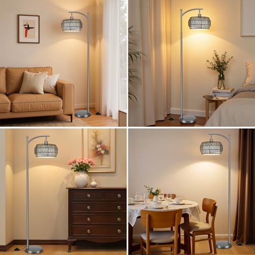 Ambimall Arc Floor Lamp with Remote & Rattan Double Shades, Gray Bohemian - Image 2