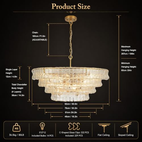 36-Inch 4-Tier Clear Glass Chandelier, 12-Light Round Brass Chandelier - Image 3