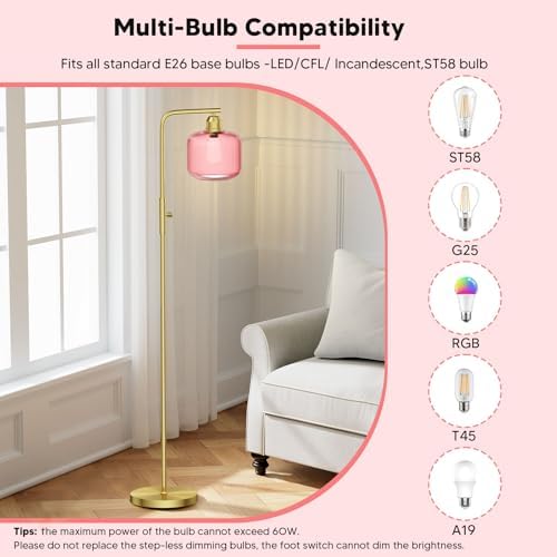66" Dimmable Gold Standing Lamp with Pink Ribbed Glass for Living Room - Image 5