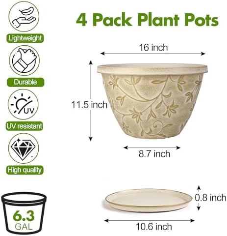 Nooulap 4 Pack 16 Inch Plant Pot with Drainage Hole, Beige - Image 3