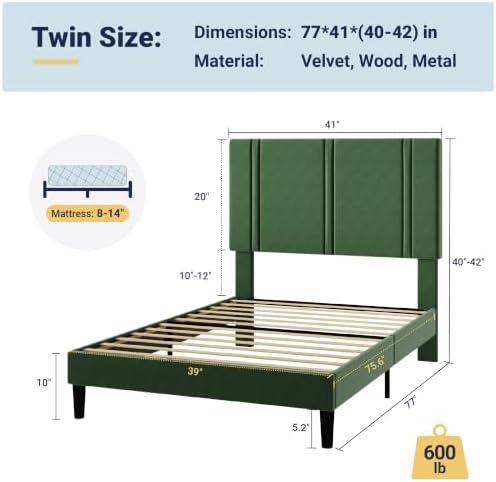 Allewie Twin Platform Bed Frame with Velvet Upholstered Headboard - Image 2