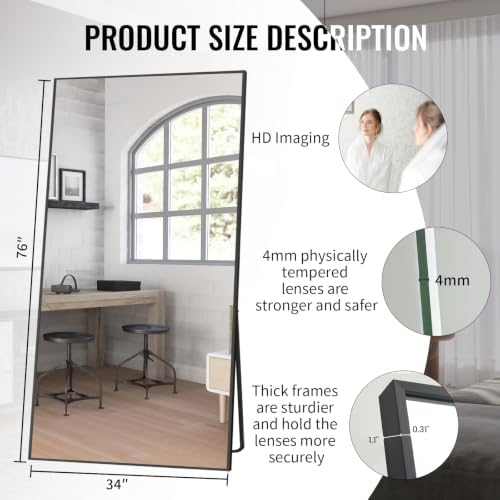 Beauty4U 76" x 34" Full Length Mirror with Stand, Black Large Floor Mirror - Image 2