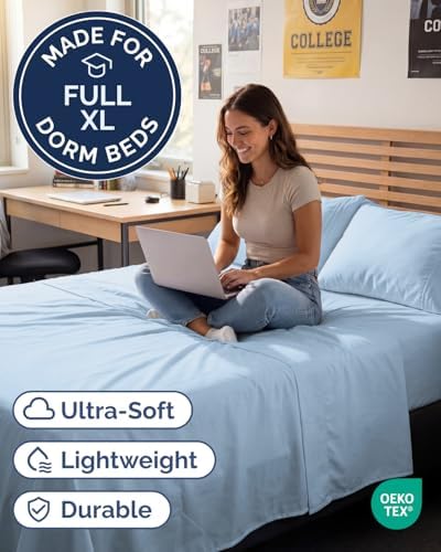 Full XL Sheets - 4 Piece Full XL Sheet Set - Cool & Breathable - Light Blue - Image 2