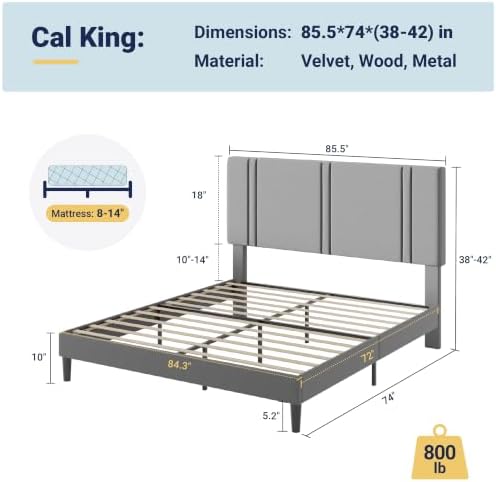 Allewie Cal King Platform Bed Frame with Velvet Upholstered Headboard - Image 2