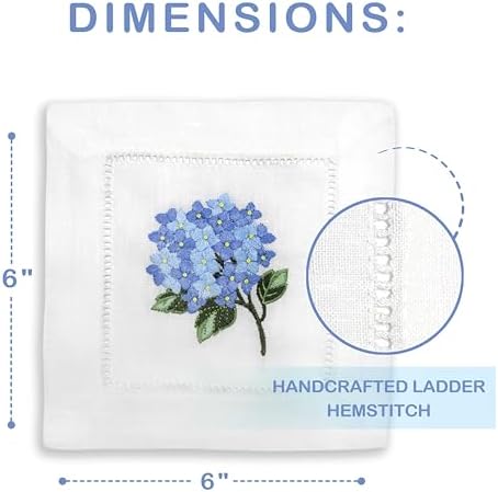 Linen Cocktail Napkins White Set of 6 Hand Embroidered Hydrangea 6"x6" Reusable Mini Cloth Hemstitched Coasters for Birthday Wedding Garden Party Present Blue - Image 5