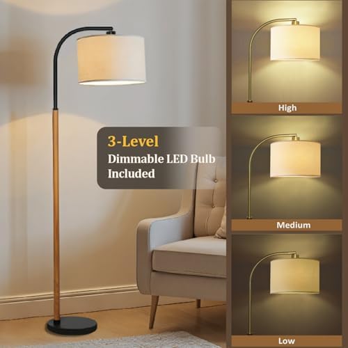66” Brown Black Arc Floor Lamps for Living Room, 1200 Lumens 3-Level Brightness Wood Floor Lamp for Bedroom, Vintage Mid Century Black Standing Lamp, Adjustable Lampshade, LED Bulb Included - Image 4